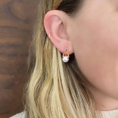M Collection Akoya Cultured A+ Pearl and Diamond Drop Earrings in Yellow Gold