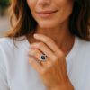 8x6mm Oval-cut Blue Sapphire with 0.30 Carats Diamond Halo Ring in White Gold - Image 6