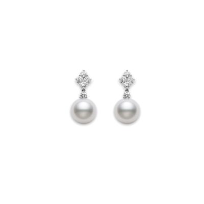 Akoya Cultured A+ Pearl Drop Earrings with Diamond Cluster in White Gold