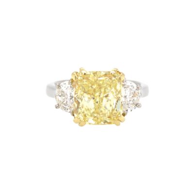 5.01 Carat Radiant cut Fancy Yellow Diamond and 0.95 Carat Half Moon in Platinum (VS2)