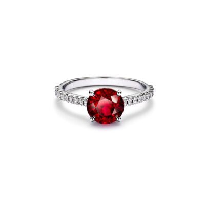 a Tiffany & Co. ring with a red ruby stone and white diamonds.