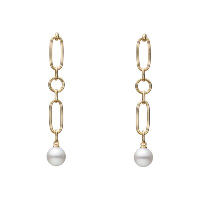 Mikimoto M Code Akoya Cultured A+ Pearl Dangle Link Earrings in 18K Yellow Gold - 7mm