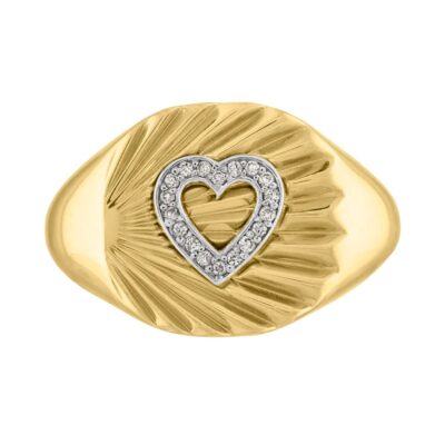 "Heather" 0.04 Carats Diamond Heart Fluted Oval Signet Ring in Yellow Gold