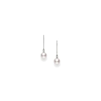 Mikimoto Akoya Cultured A+ Pearl and Diamond Drop Earrings in White Gold - 7.00mm
