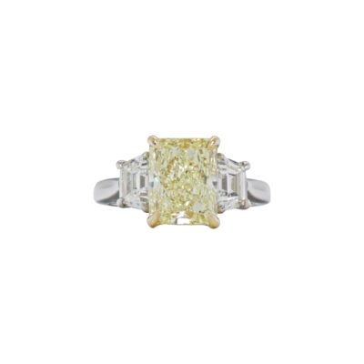 Three-Stone Collection – 3.69 Carat Radiant-cut Fancy Light Yellow with 1.37 Carats Trillion-cut Engagement Ring (FLY / VS2)