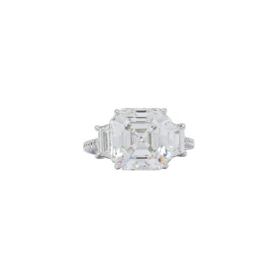 Three-Stone Collection – 6.49 Carat Asscher cut with 1.20 Carat Trapezoid Side Stones in Platinum