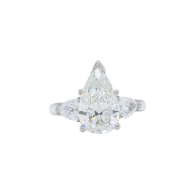 Three-Stone Collection – 2.84 Carat Pear Shaped with Pear Side Stones Engagement Ring in Platinum (H / SI)