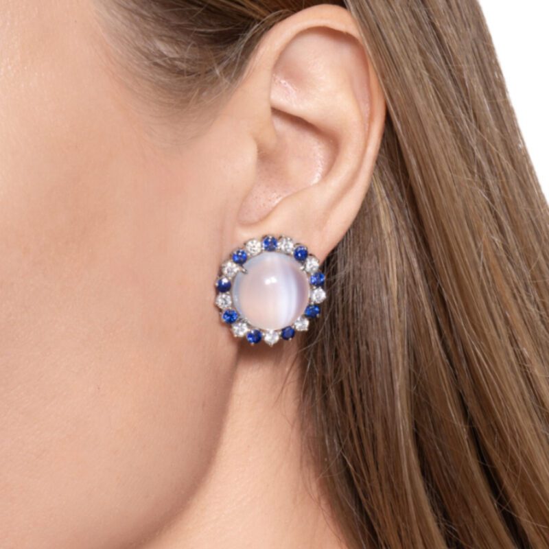 28.58 carat Cabochon Cat's Eye Moonstone with Alternating Blue Sapphires and Diamonds Earrings in Platinum