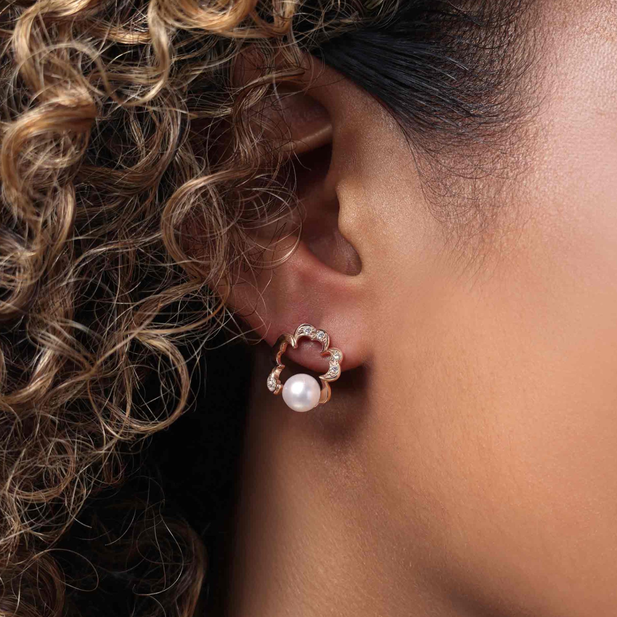 Cherry Blossom Akoya A+ Pearl and Diamond Earrings in Rose Gold - Image 3
