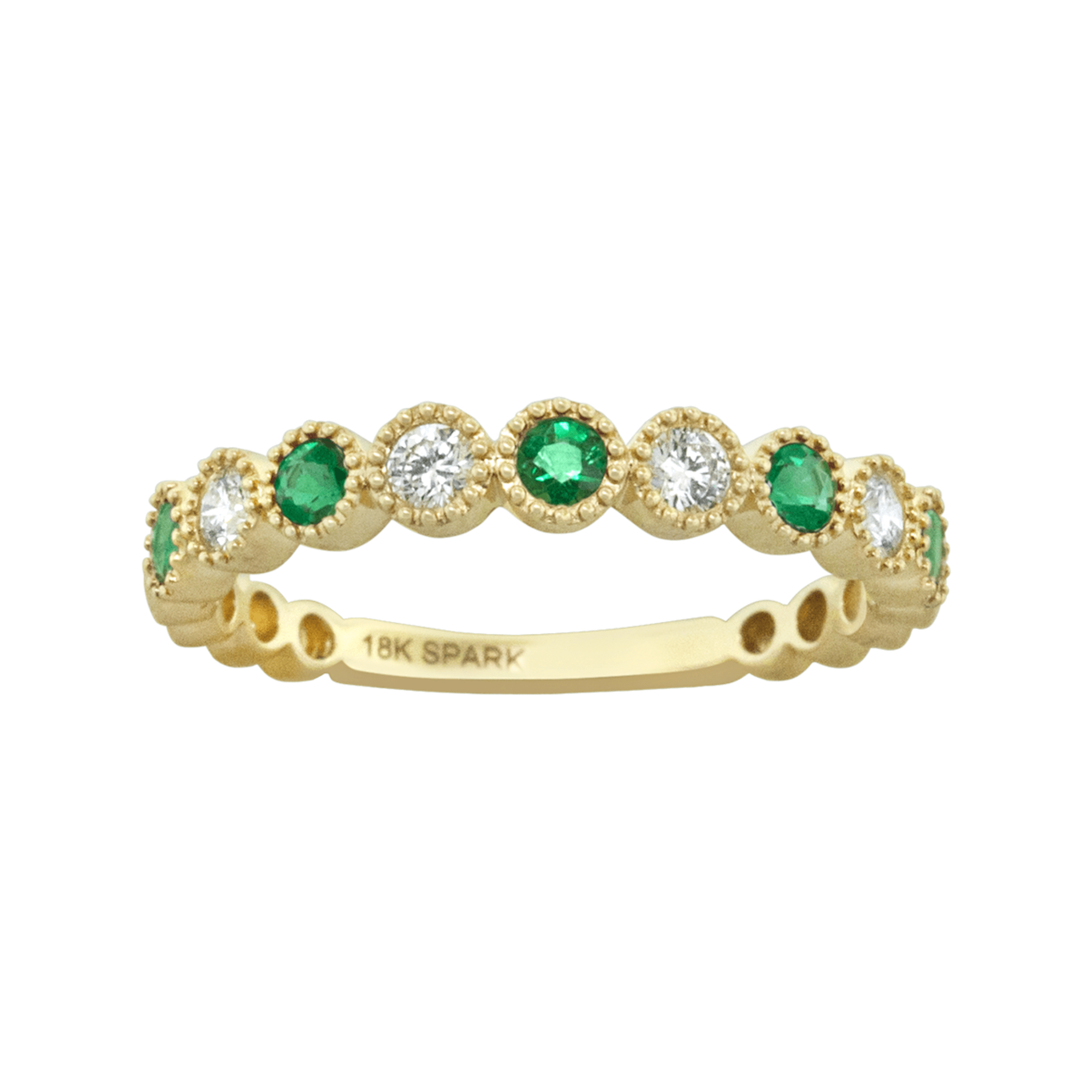 0.25 carat Emerald and Diamond Alternating Milgrain Ring in Yellow Gold - Image 2