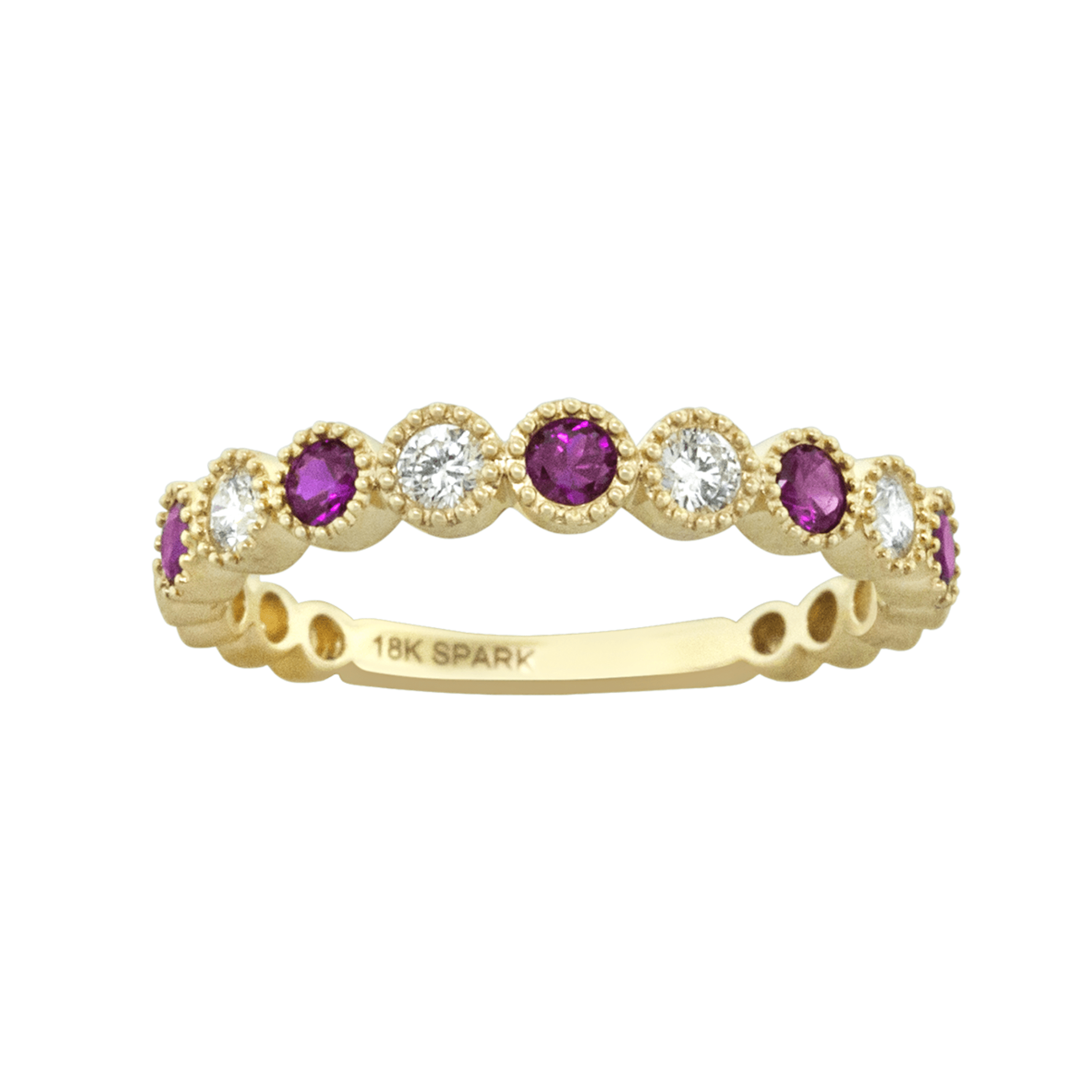 0.30 carat Ruby and Diamond Alternating Milgrain Ring in Yellow Gold - Image 2