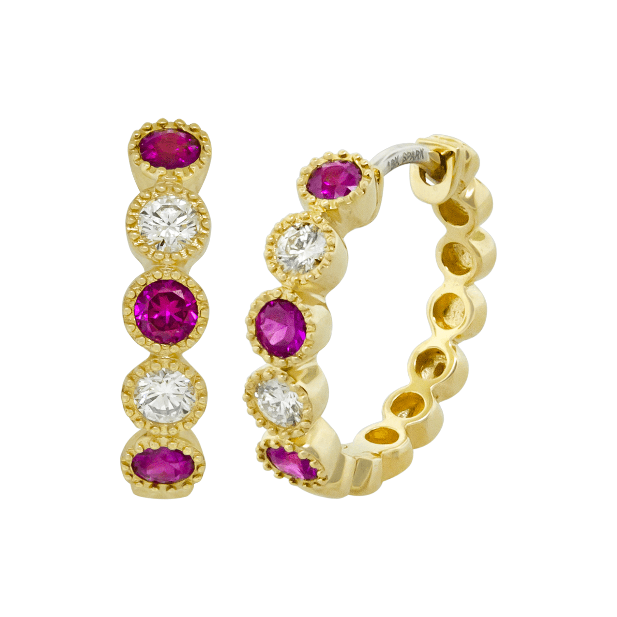 0.36 carat Ruby and Diamond Milgrain Hoops in Yellow Gold - Image 3