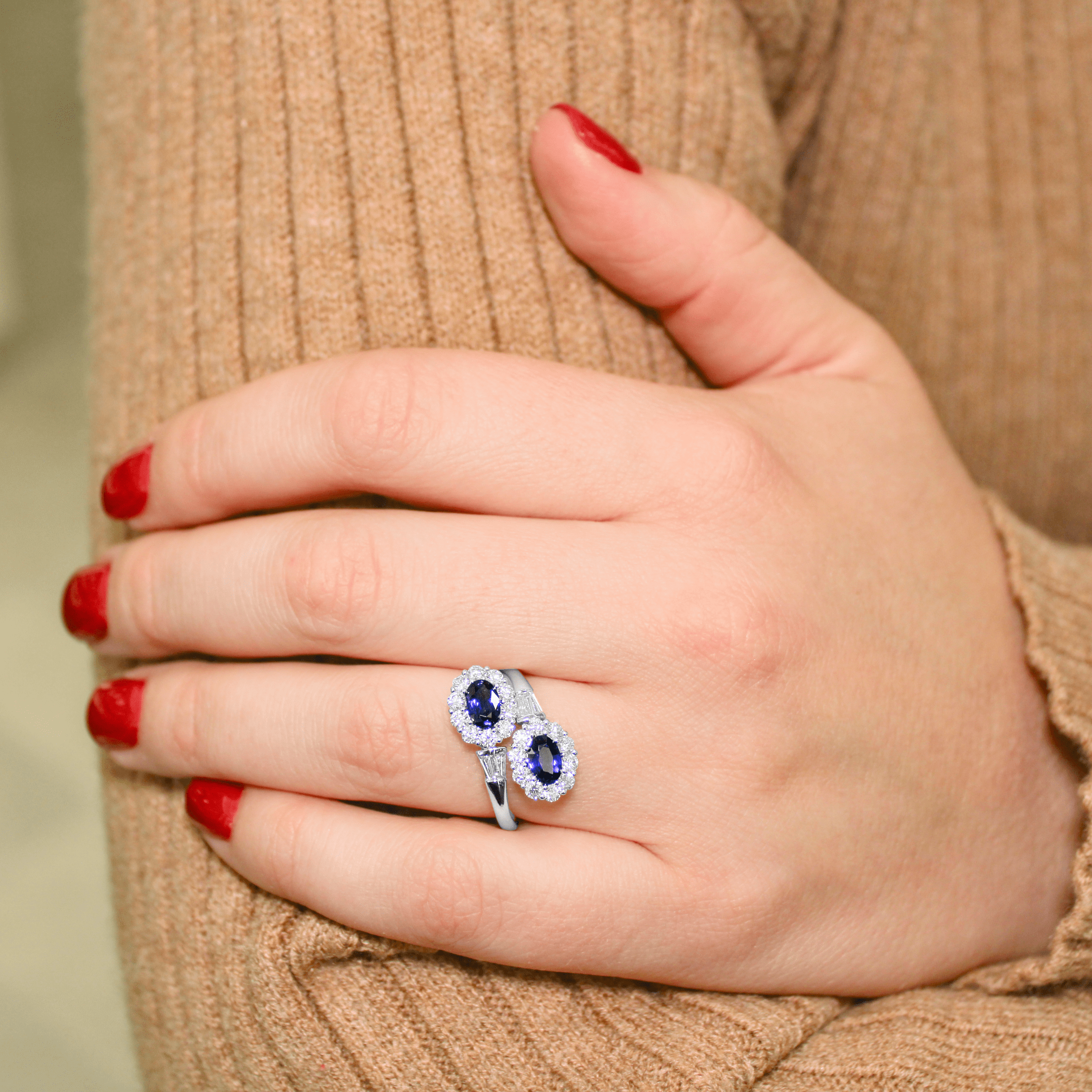 1.20 Carat Oval Blue Sapphire and Diamond Bypass Ring in White Gold - Image 3