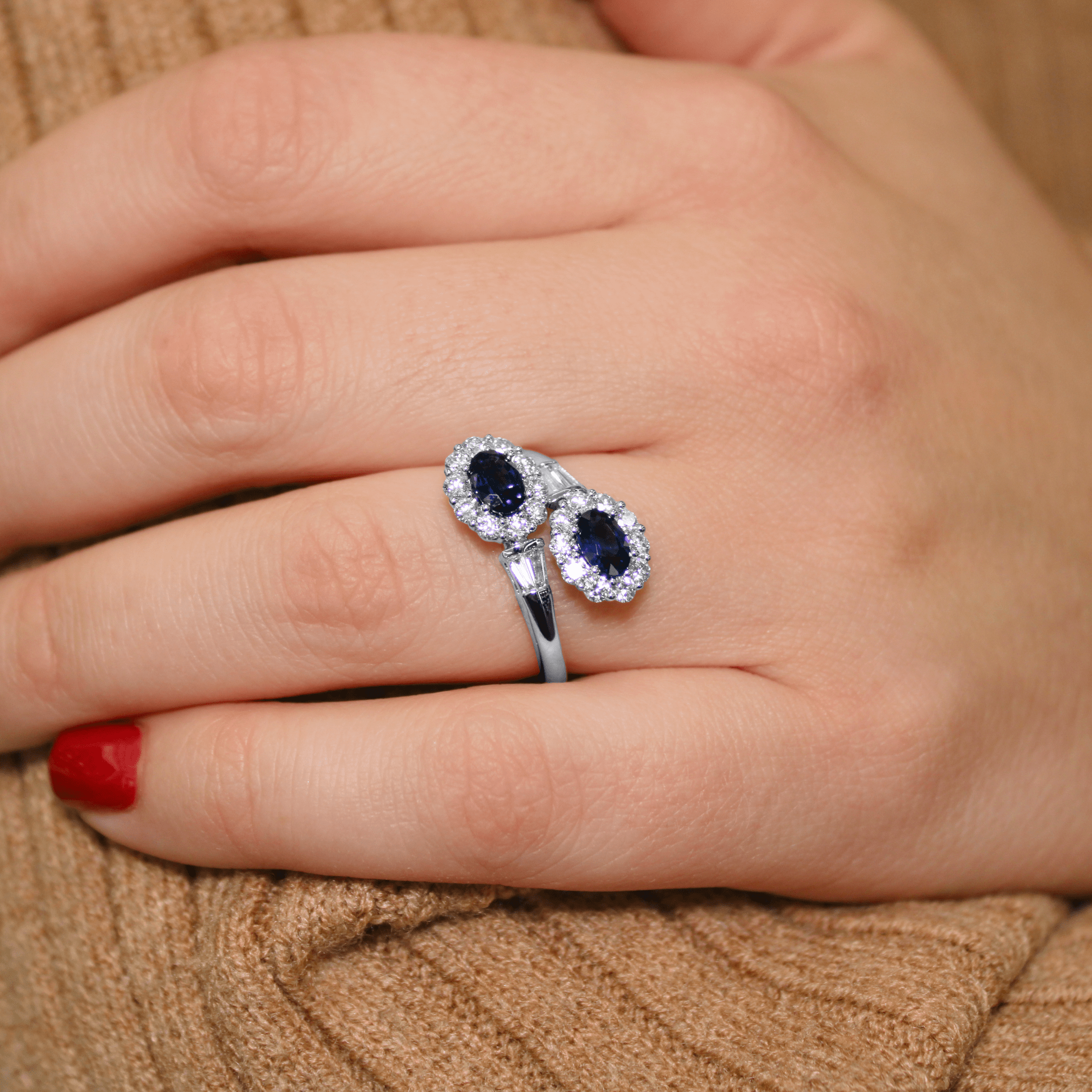 1.20 Carat Oval Blue Sapphire and Diamond Bypass Ring in White Gold - Image 4