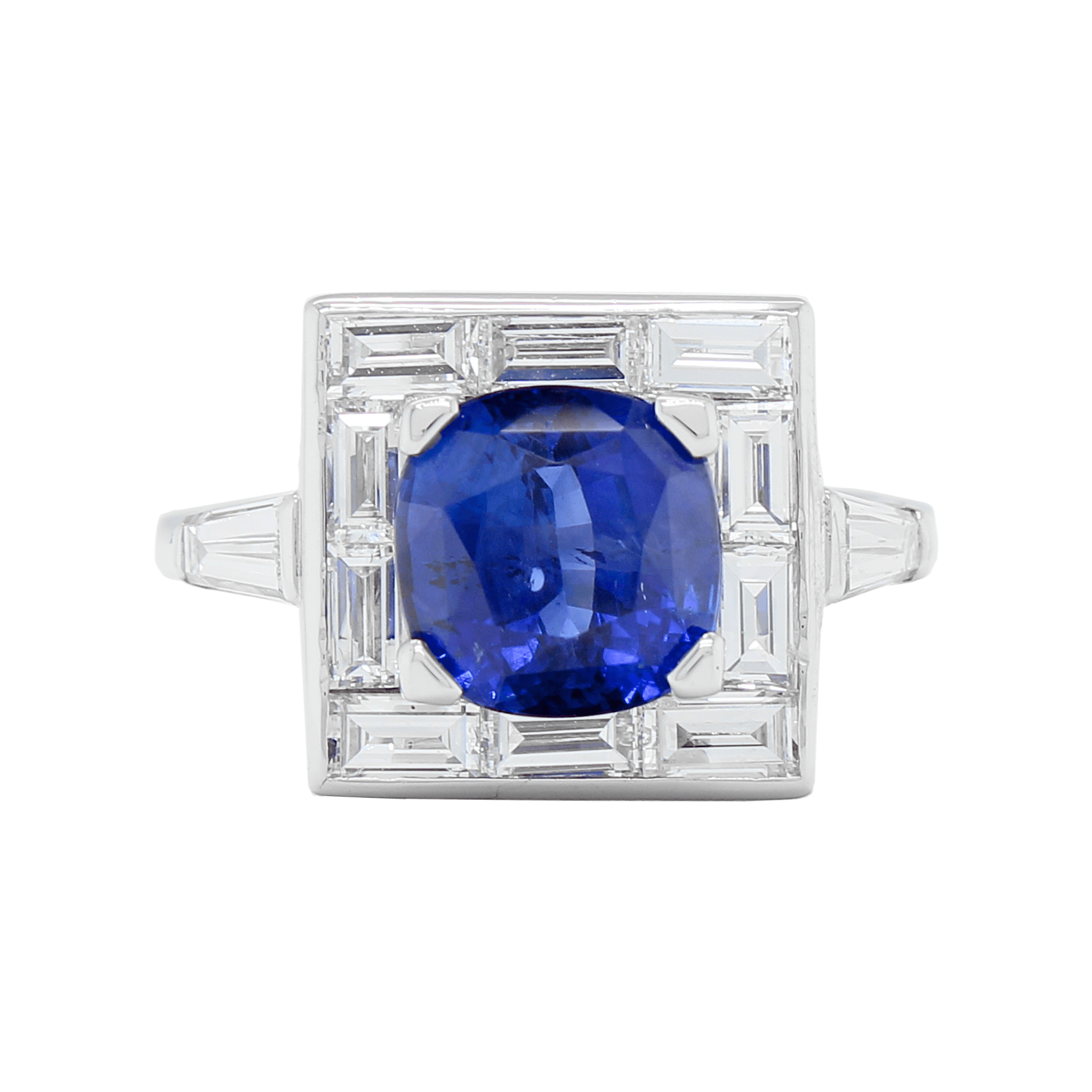 3.64 carat Cushion Sapphire with Baguette cut Diamond Halo set Ring in Platinum - Image 2