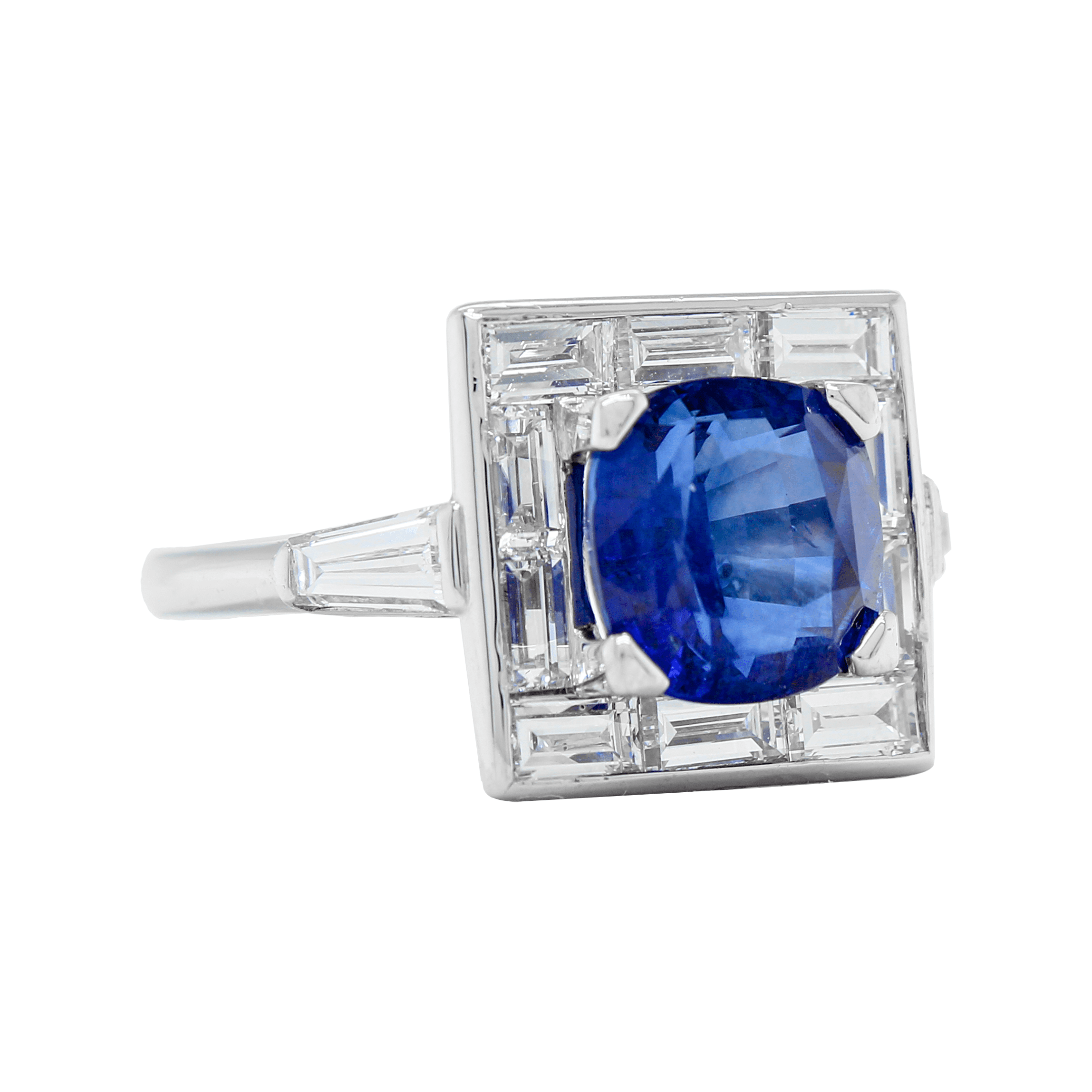 3.64 carat Cushion Sapphire with Baguette cut Diamond Halo set Ring in Platinum - Image 3