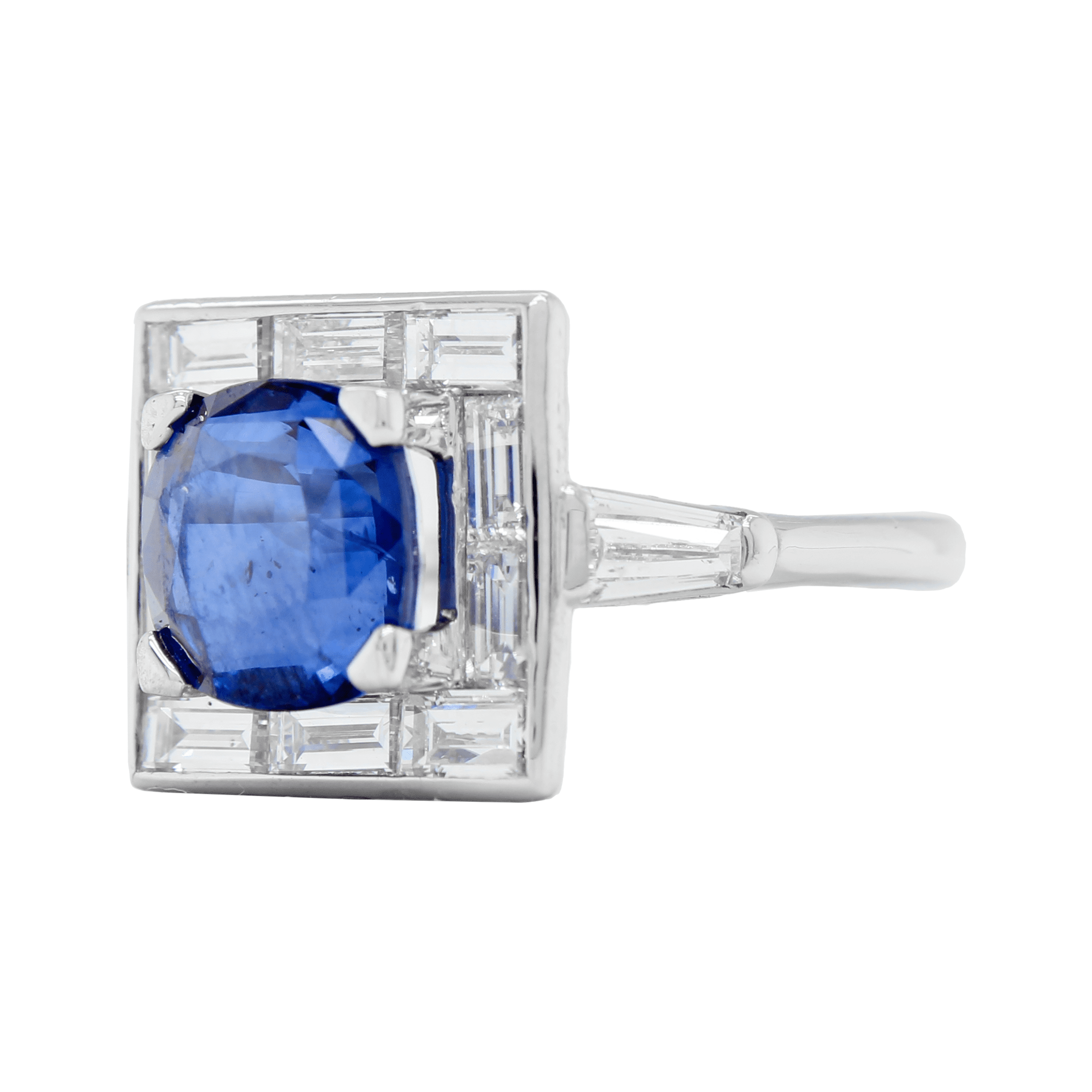 3.64 carat Cushion Sapphire with Baguette cut Diamond Halo set Ring in Platinum - Image 4