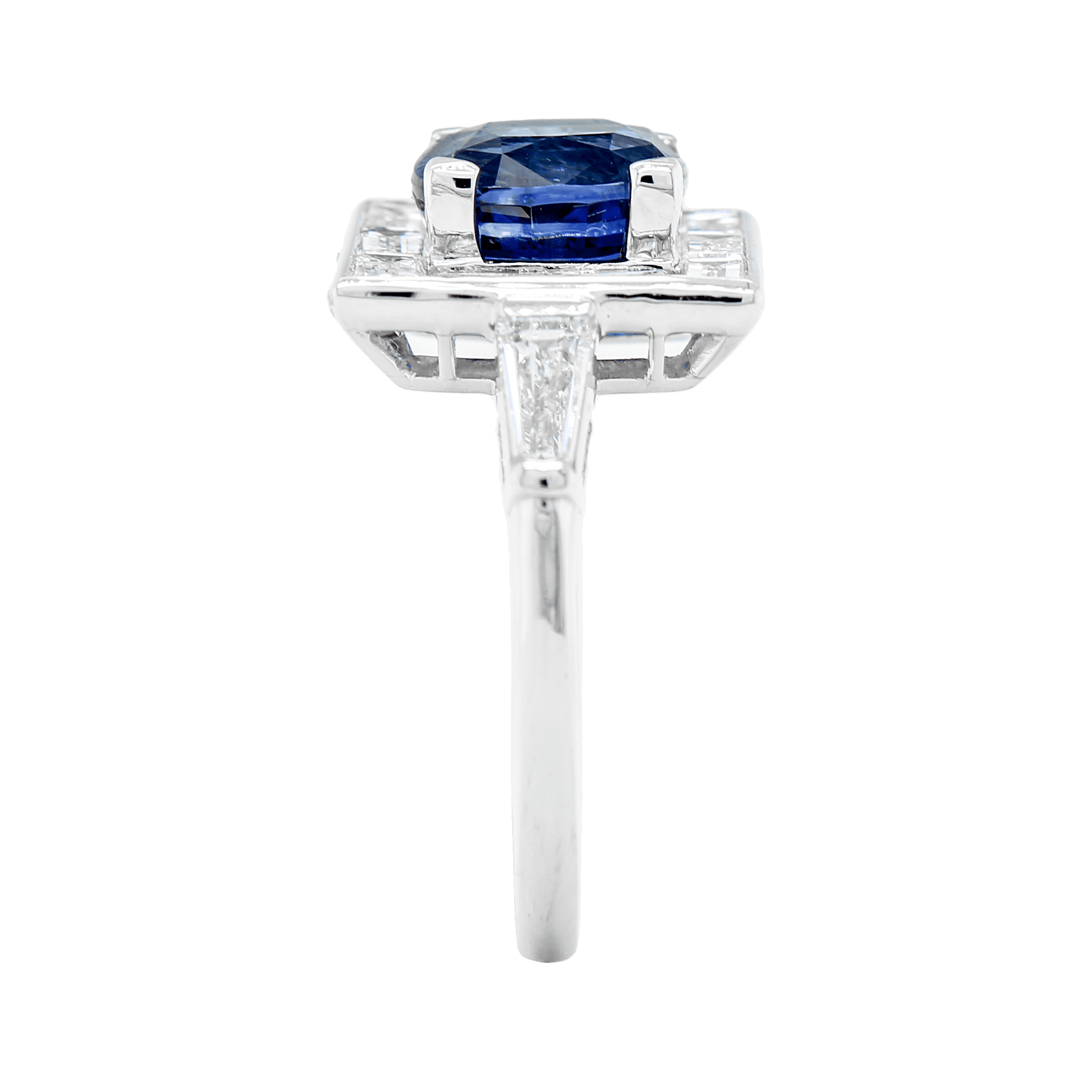 3.64 carat Cushion Sapphire with Baguette cut Diamond Halo set Ring in Platinum - Image 5