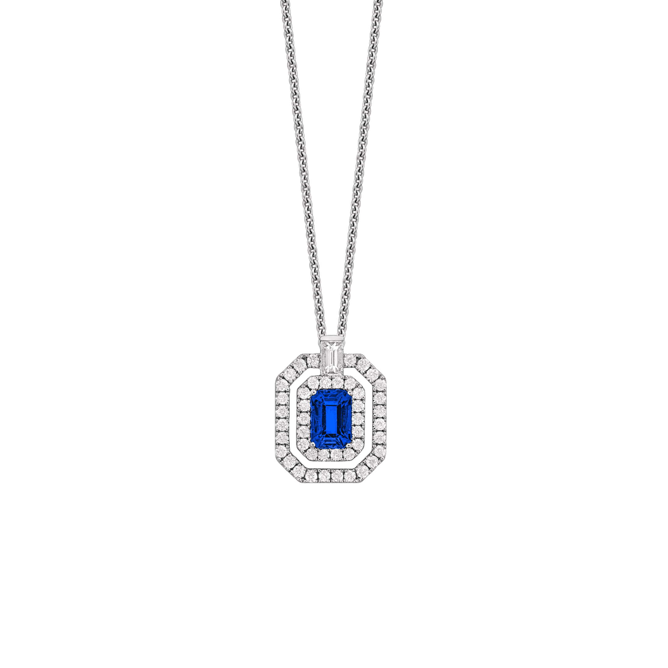 0.70 carat Emerald cut Sapphire with 0.45 carat Diamond Halo Necklace in White Gold - Image 2