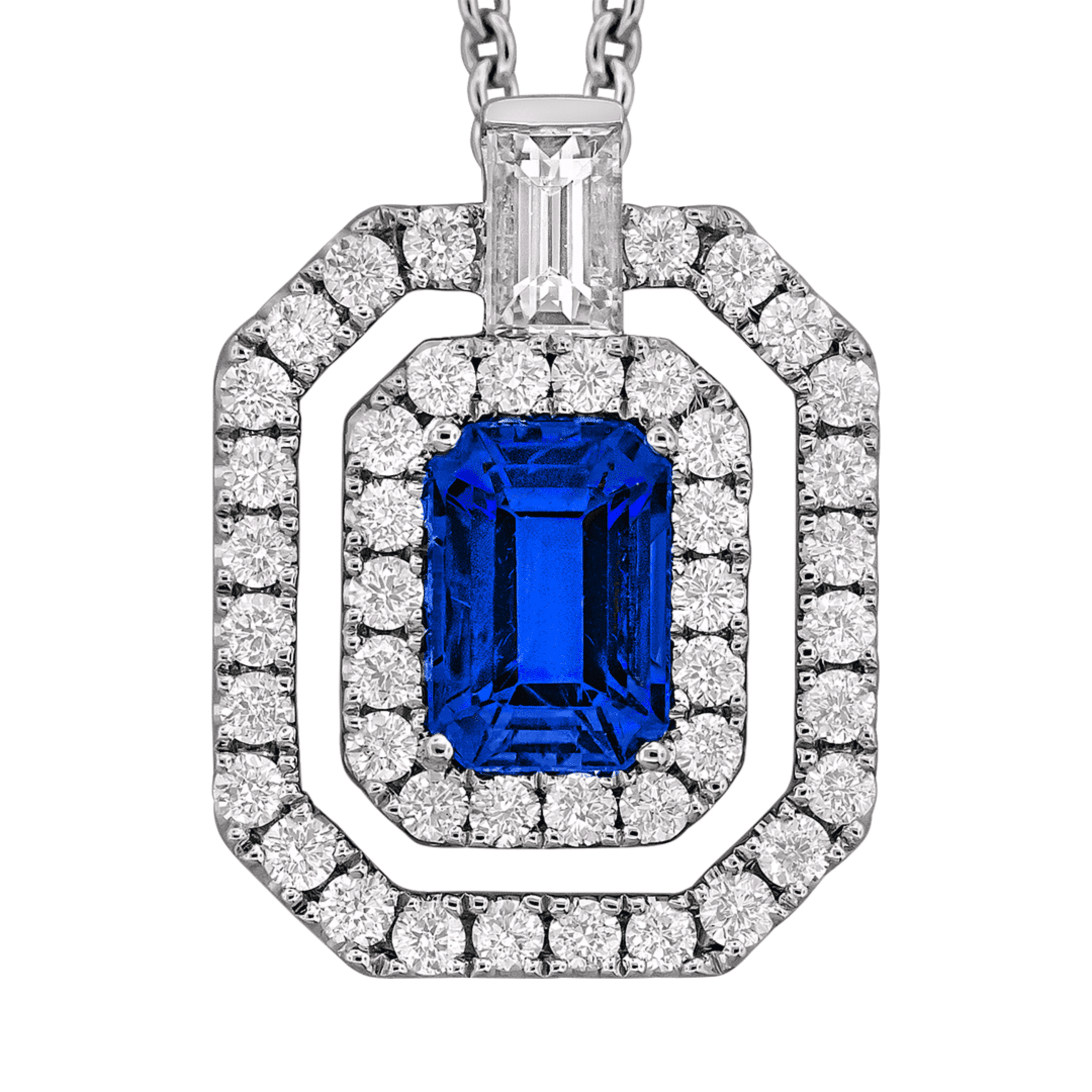 0.70 carat Emerald cut Sapphire with 0.45 carat Diamond Halo Necklace in White Gold - Image 3