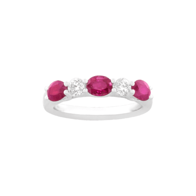 Alternating 1.50 Carats Oval Ruby and 0.30 carat Diamond Ring in White Gold