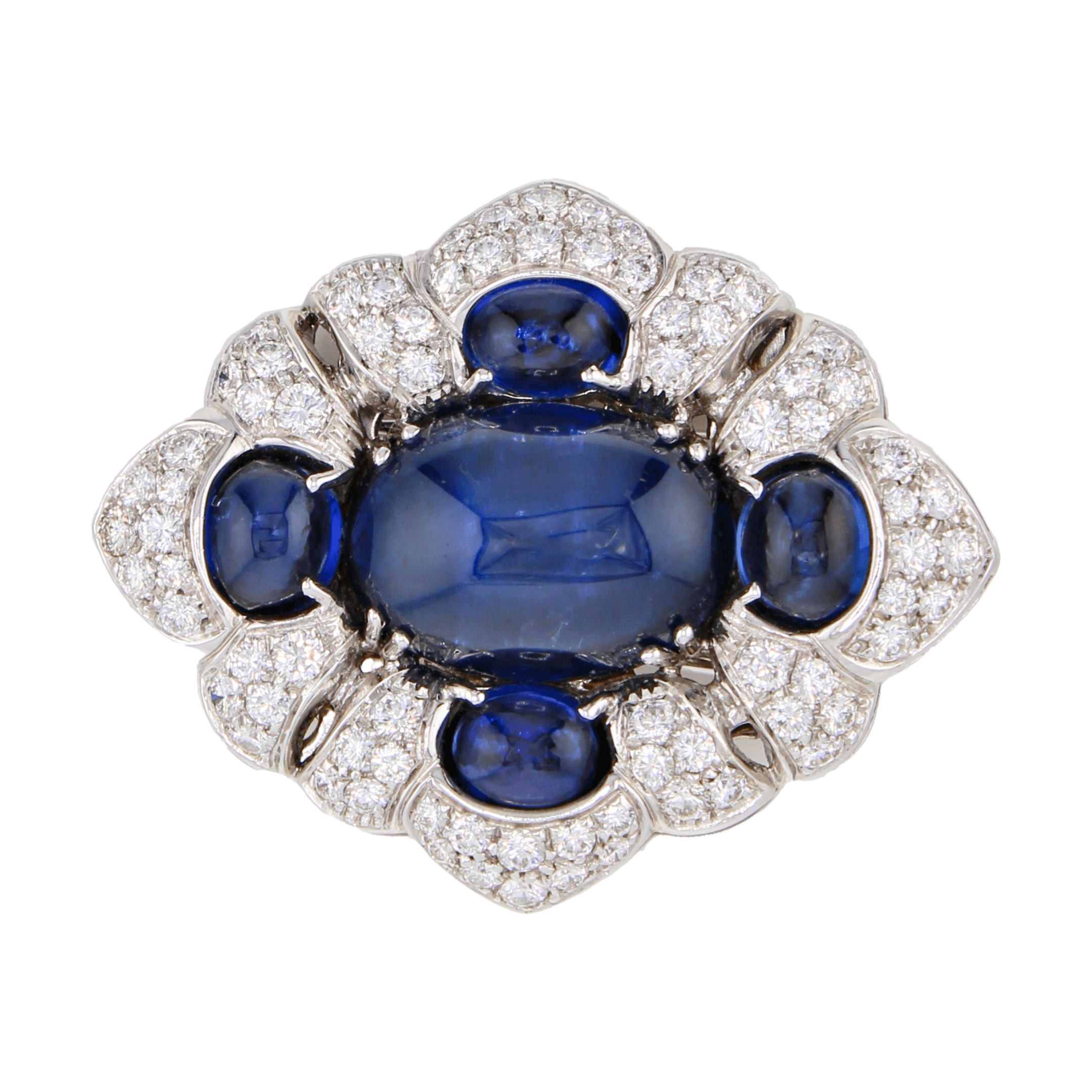 28.07 carat Cabochon Blue Sapphire and 2.19 carat Diamond Brooch in White Gold - Image 3