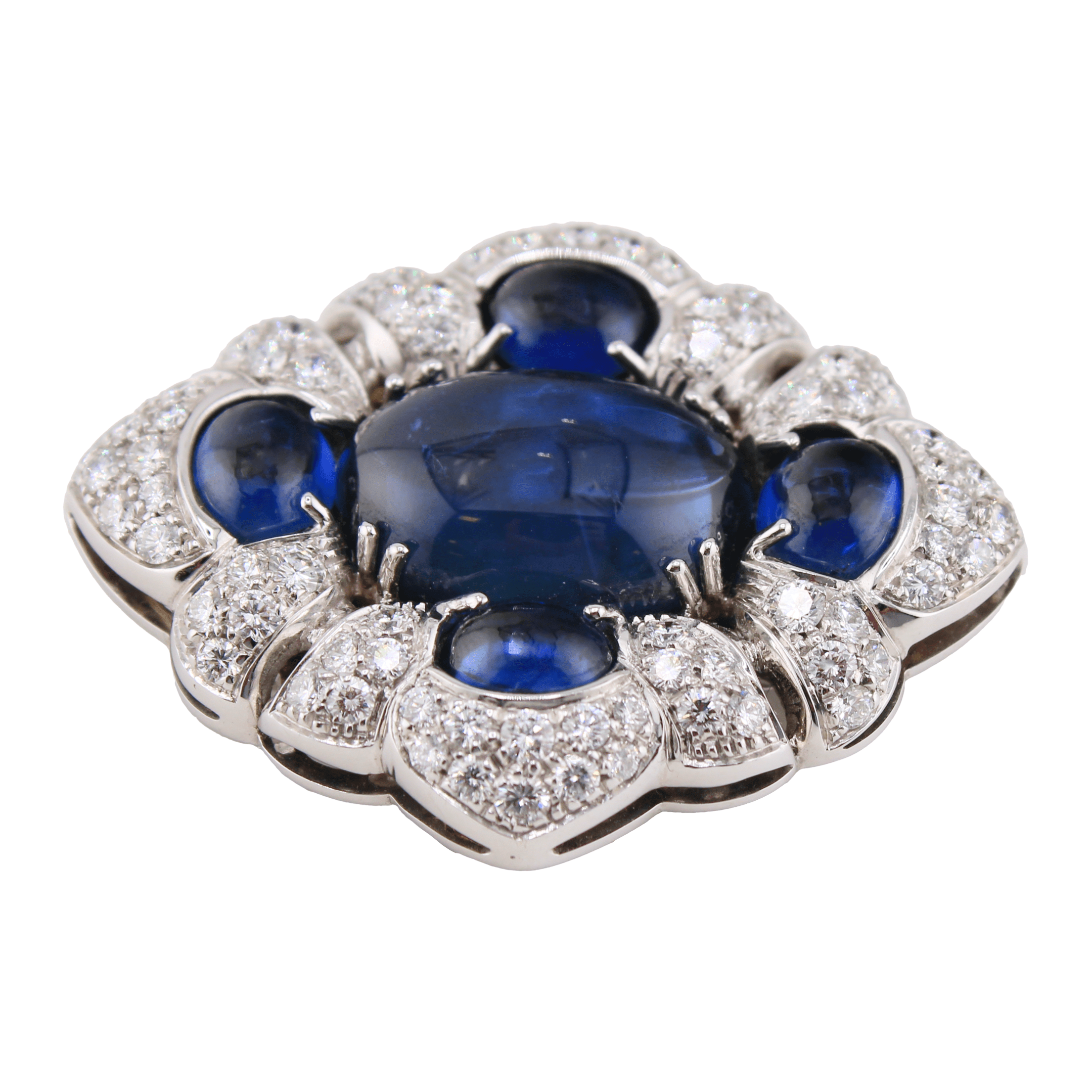 28.07 carat Cabochon Blue Sapphire and 2.19 carat Diamond Brooch in White Gold - Image 2