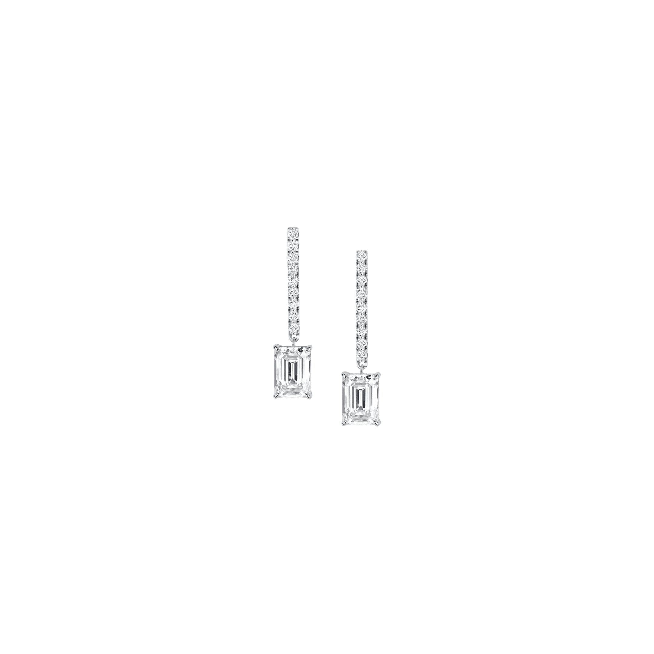 Pave set Brilliant cut and Emerald cut Diamond Bar Dangle Earrings in White Gold - Image 2